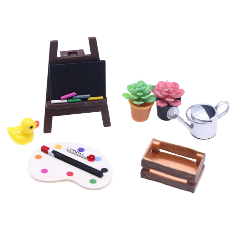 

1:6/1:12 1:12 Dollhouse Miniature Painting Easel Palette Storage Box Potted Plant Kettle Outdoor Drawing Scene Decor Toy