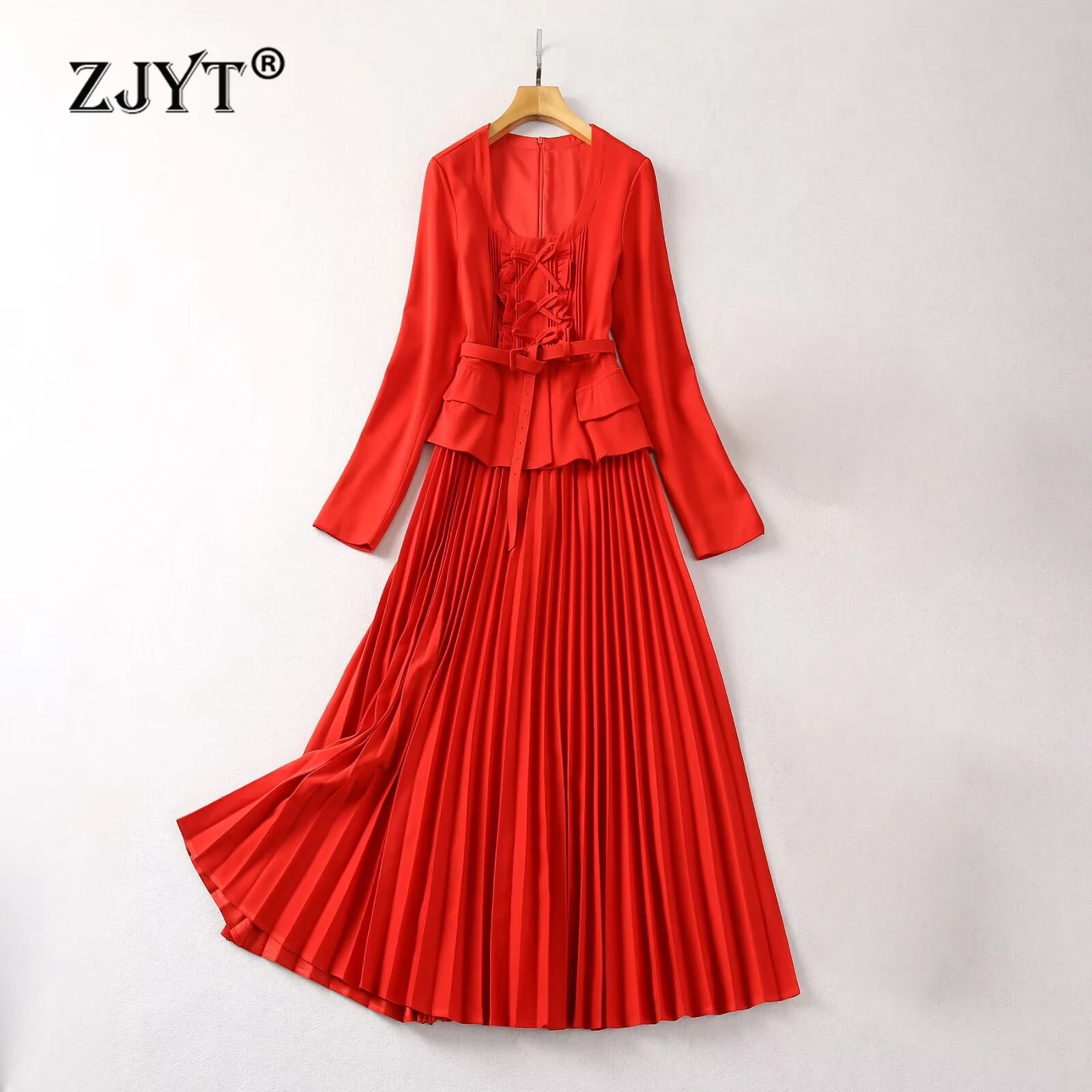 

ZJYT Long Sleeve Midi Pleated Dresses for Women Elegant Bow Ruffles Patchwork Spring Dress 2024 Red Black Holiday Party Vestidos