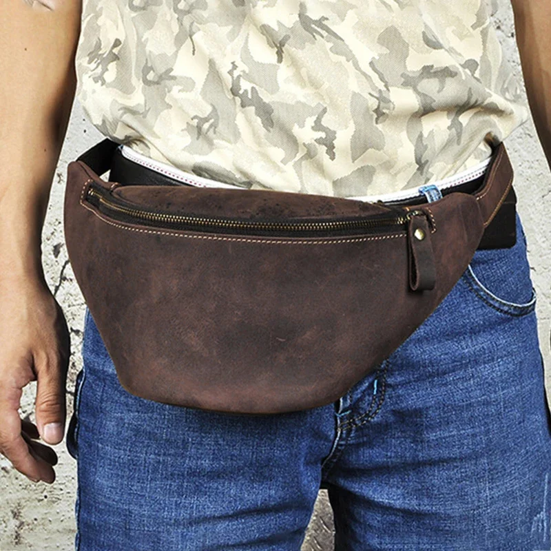 

Genuine Leather Men Bag Waist Chest Pack Cross Body Crazy Horse Cowhide Purse 7'' Bum Male Messenger Hip Belt Fanny Bags