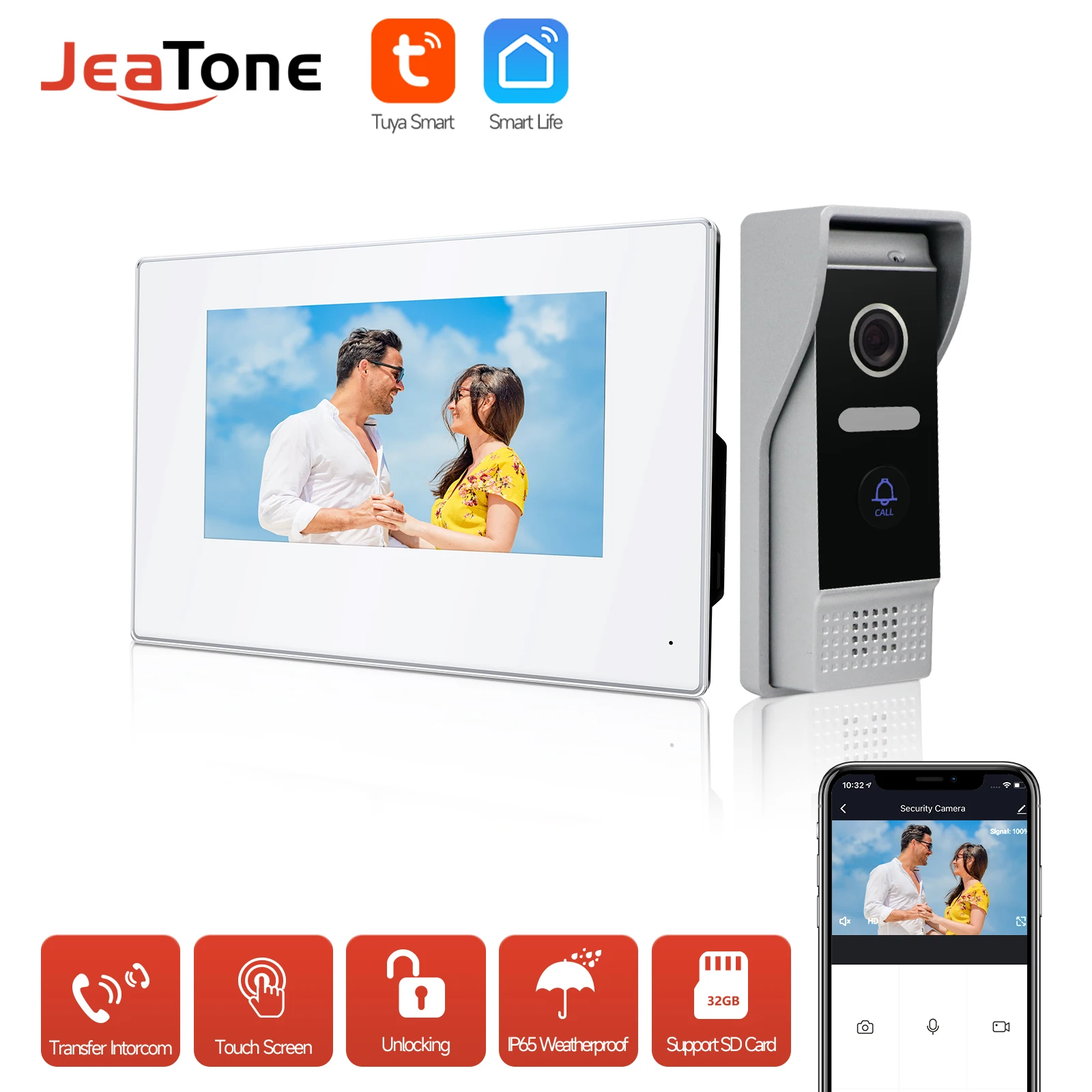 

JEATONE IP Video Intercom System Tuya WiFi Home Doorbell with 7-Inch Touch Screen Unlock Monitor and 1.0MP Waterproof Doorphone