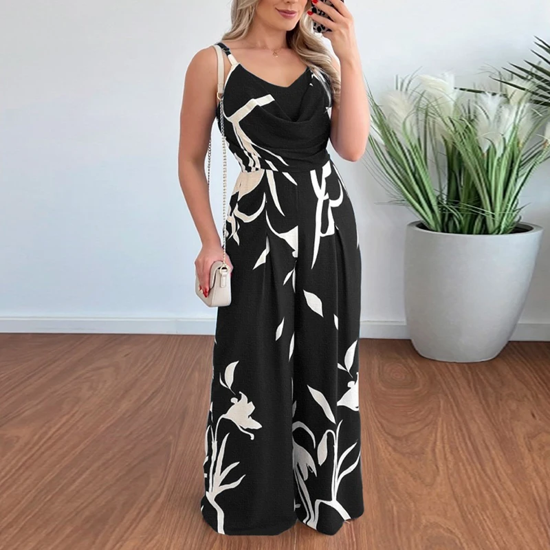 

Spring Elegant Print Sling Boho Jumpsuit Women Sexy Slash Neck Ruched Straight Playsuit Summer Backless Wide Leg Romper Overalls