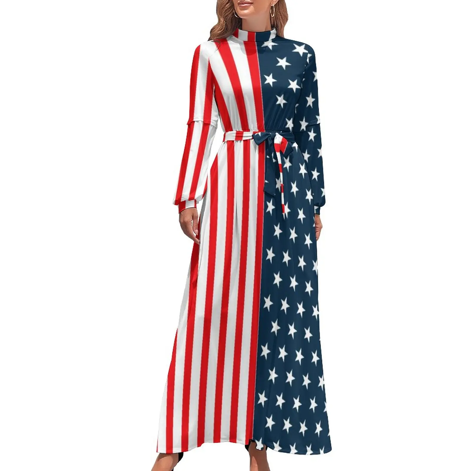 

Two Tone Stripped Dress American Flag Stars Stripes Party Maxi Dress Street Fashion Beach Long Dresses High Neck Design Clothes
