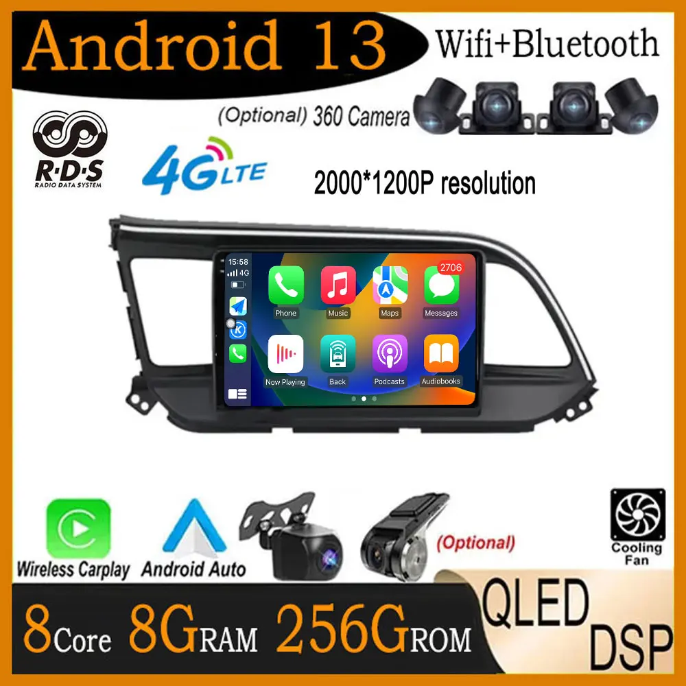 

DSP Android 13 For Hyundai Elantra 6 2019 2020 QLED IPS Car Stereo Radio Multimidia Video Player Navigation GPS Carplay