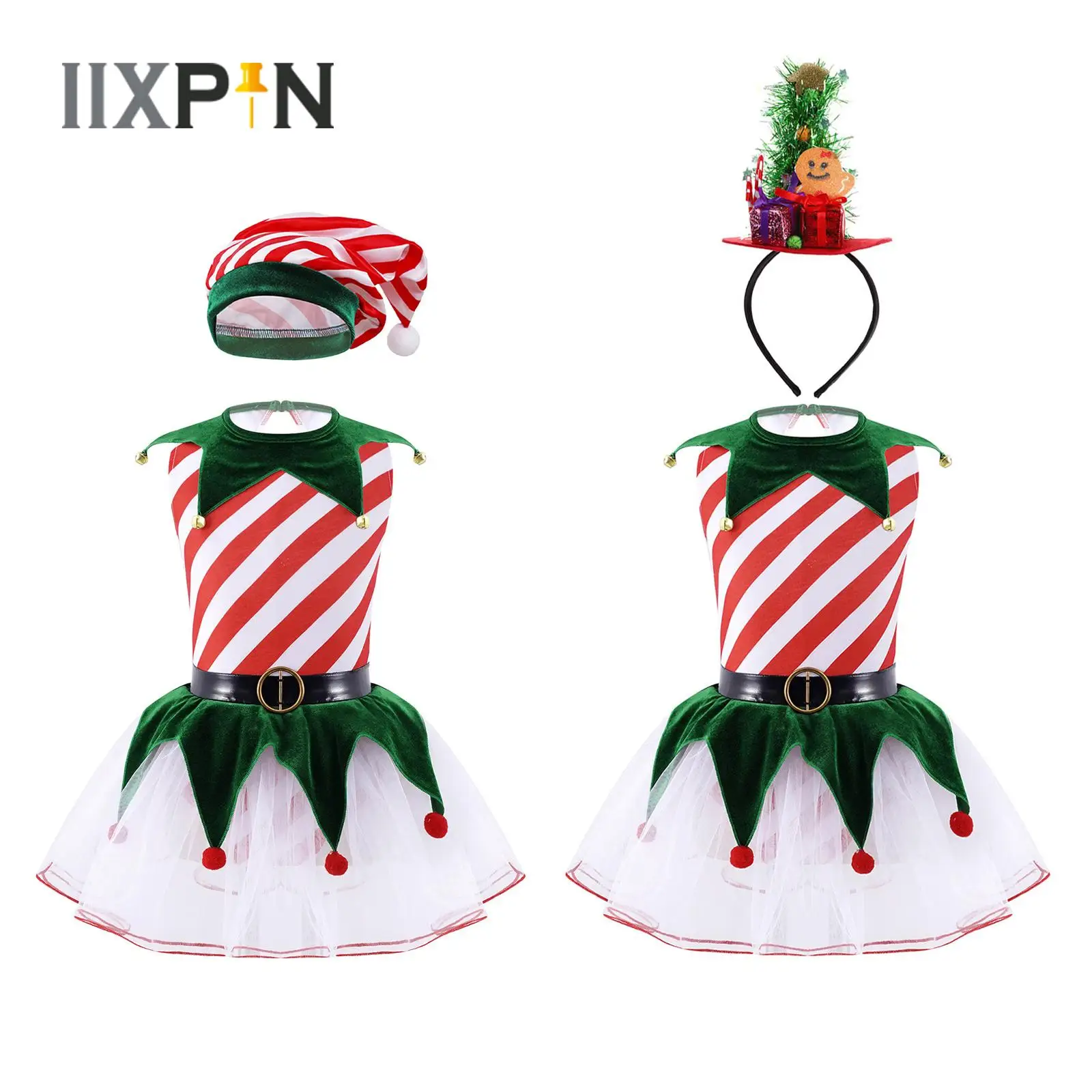 

Kids Girls Christmas Fairy Elf Costume Striped Plush Ball Hat Sleeveless Pom Pom Ballet Tutu Dress for New Year Carnival Party