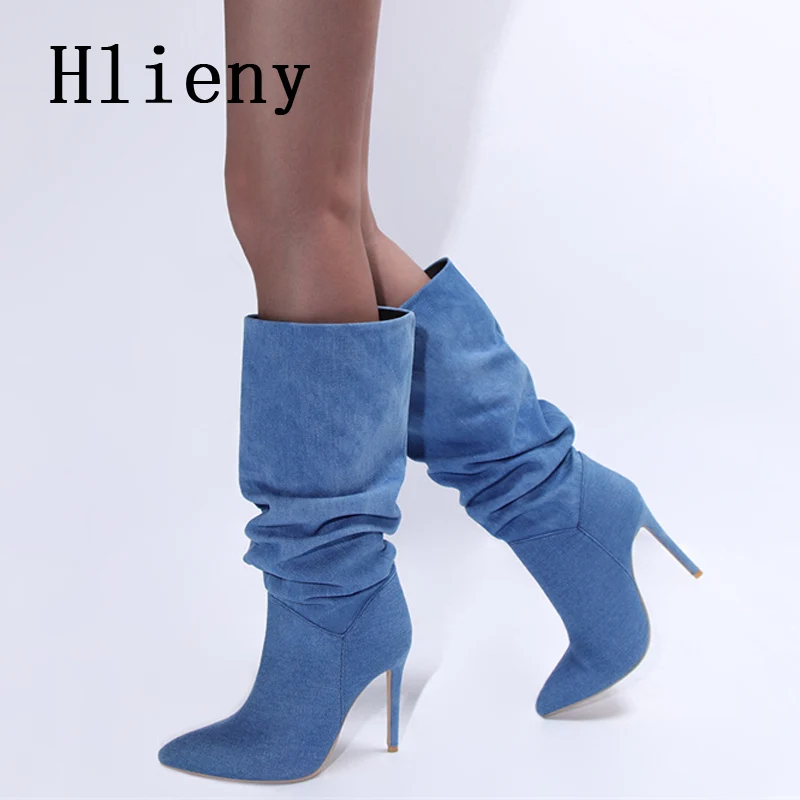 

Hlieny Sexy Pleated Pointed Toe Mid-Calf Boots Woman Nightparty High Heels Shoes Fashion Spring Autumn Denim Blue Booties