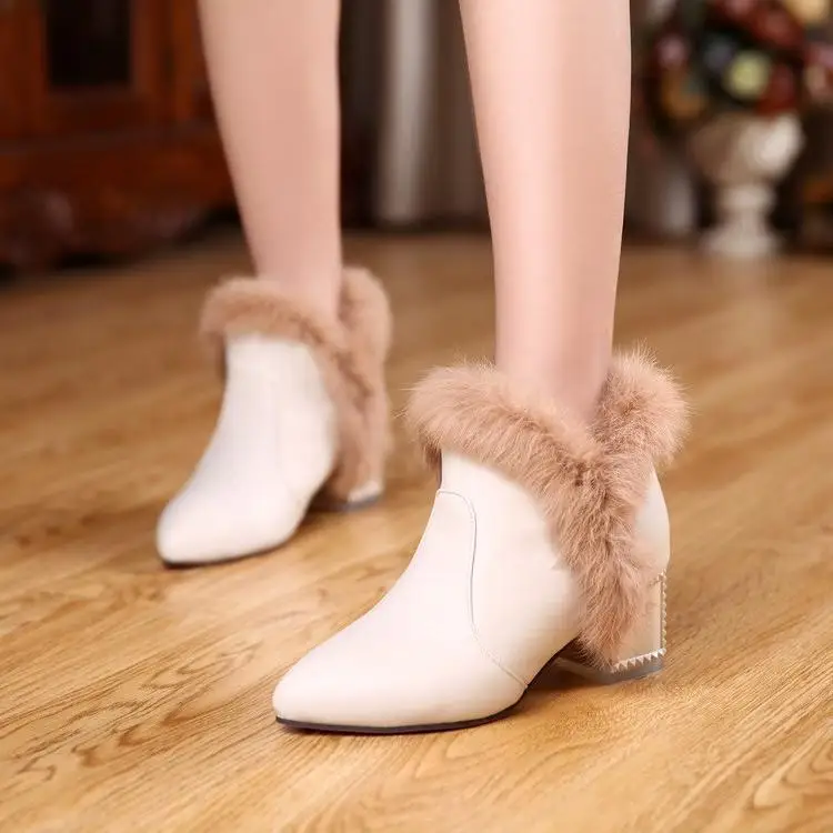 

Женские ботинки-женская зимняя обувь с круглым носком, Белая обувь, Плюшевые Ботинки Челси 2022, низкие резиновые меховые, на высоком каблуке, без застежек