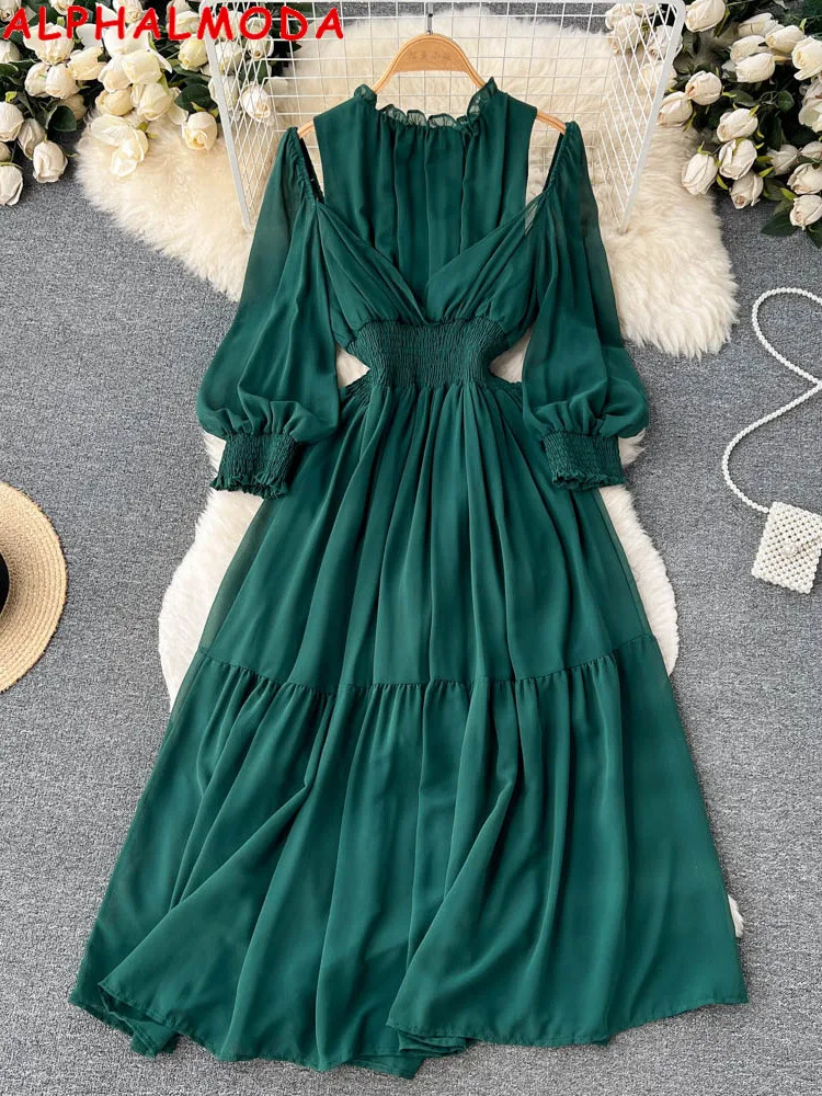 

ALPHALMODA 2023 Spring New Off-shoulder Long-sleeved Unique Style Women's Fashion Flounce Stretchy Waist Elegant Dressd Dress