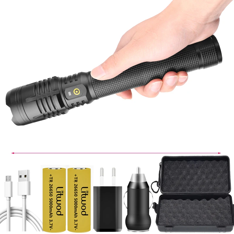 

LED Flashlight The Most Brightest XHP160 1,000,000LM USB Rechargeable Zoom Torch Powerbank Function 26650 Battery Lantern