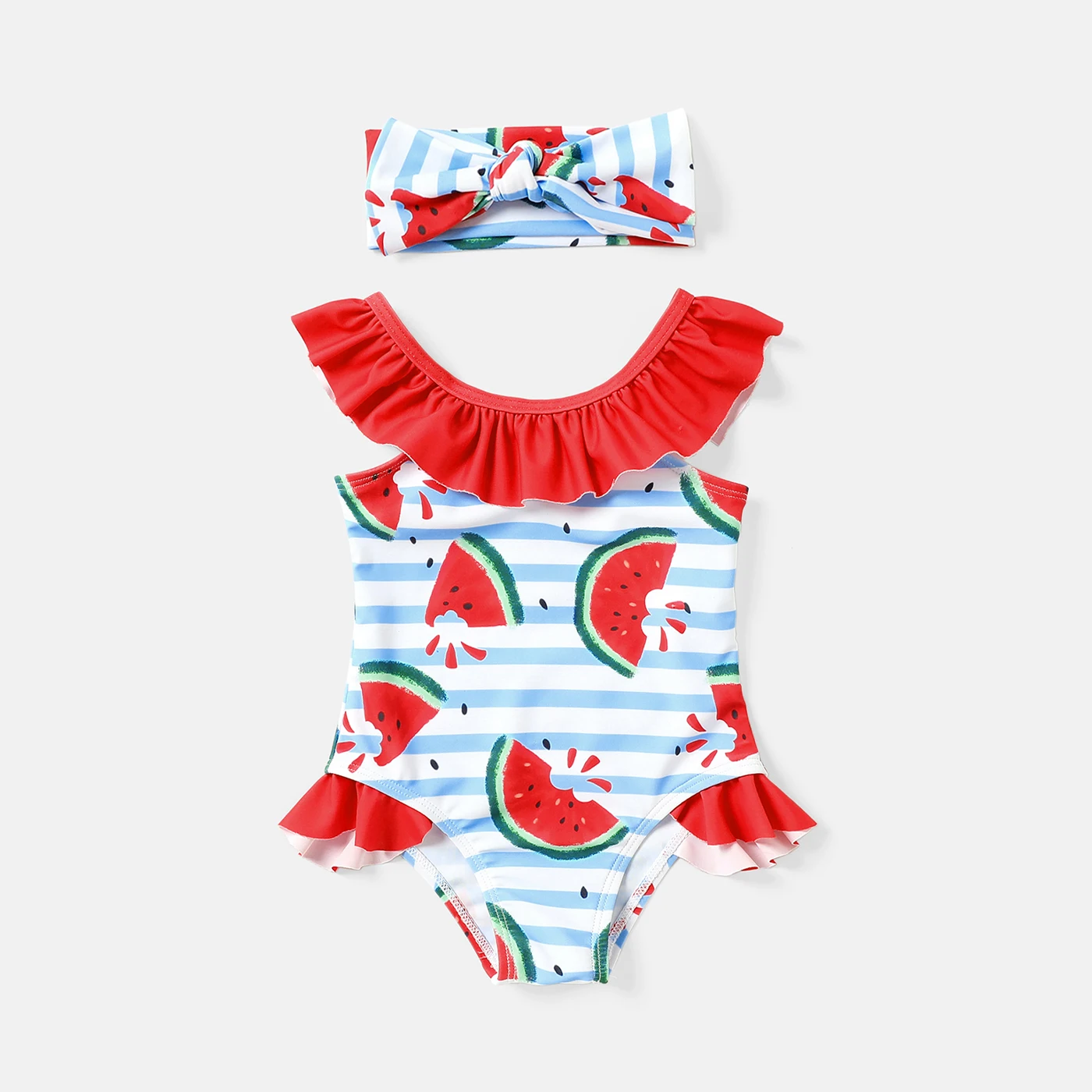 PatPat 2pcs Baby Girl Contrast Ruffle Trim Watermelon Print Striped One-piece Swimsuit & Headband Set
PatPat 2pcs Baby Girl Contrast Ruffle Trim Watermelon Print Striped One-piece Swimsuit & Headband Set