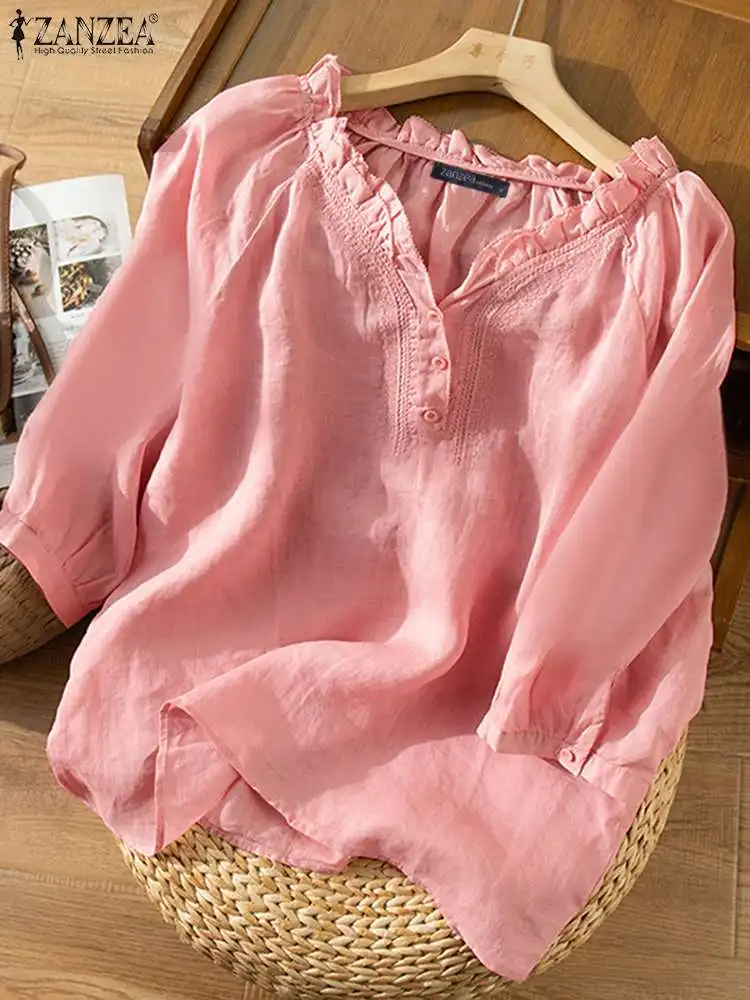 Рубашка ZANZEA Женская хлопковая с рукавом 3/4, Повседневная Блузка с оборками и V-образным вырезом, свободная Элегантная туника с вышивкой, лето 2023 
Рубашка ZANZEA Женская хлопковая с рукавом 3/4, Повседневная Блузка с оборками и V-образным вырезом, свободная Элегантная туника с вышивкой, лето 2023