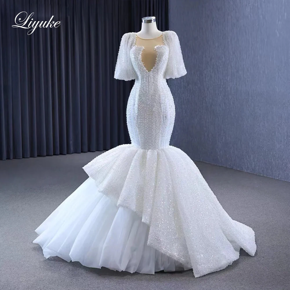 

Liyuke Decorated with Beading Pearls lace O-Neck Mermaid Wedding Dress Uniquely Embroidery Half Sleeves Trumpet Bridal Gowns