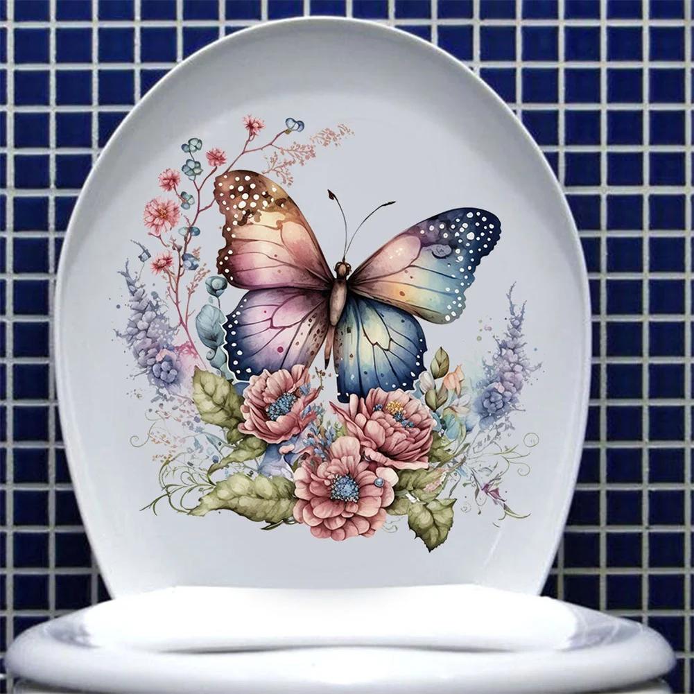 

Flower Toilet Stickers Bathroom Decors Self-adhesive Paintings Removable Flying Butterfly Wall Decals For Restroom Refrigerators