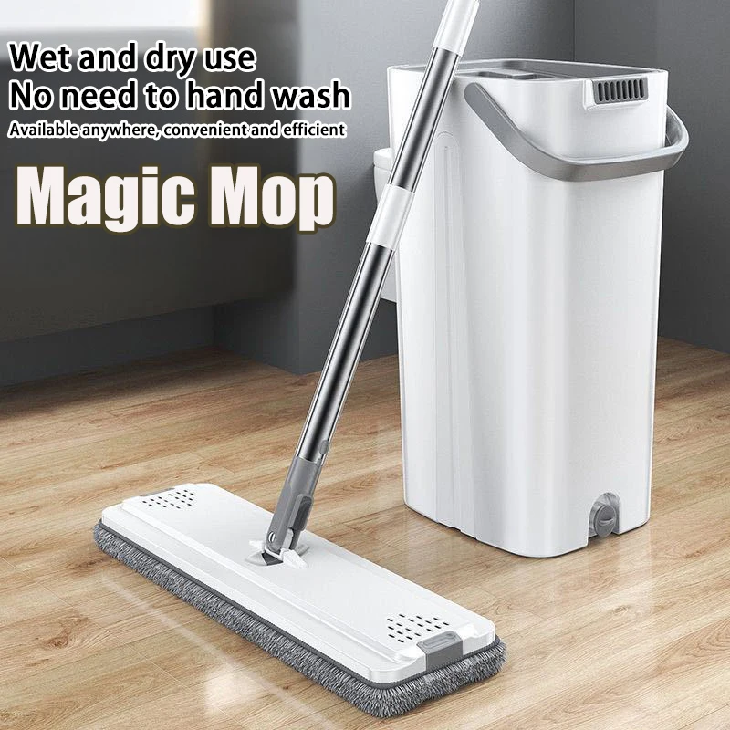 

Floor Magic Flat Squeeze Mop With Bucket Hand Free Lazy Cleaning Mop Microfiber 360 Rotating Self-Wringing Mop House Cleaning