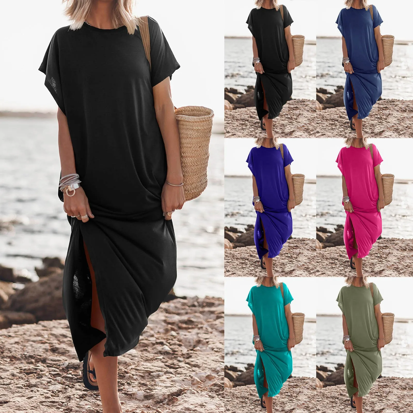 

Women's Summer Beach Maxi Dress Fashion Batwing Sleeve Crew Neck Casual Loose Slit Side Elegant Long Beach T Shirt Dresses