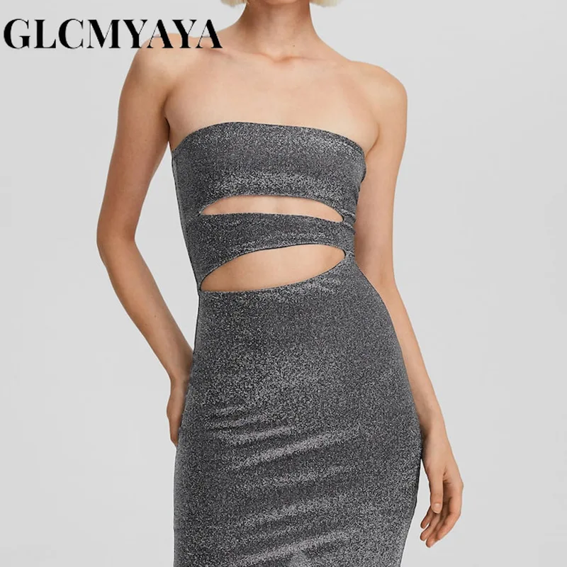 

GLCMYAYA Women Streetwear Strapless Hollow Out Zipper Bodycon Dress 2023 INS Solid Bright Silk Slit Sleeveless Spliced Dresses