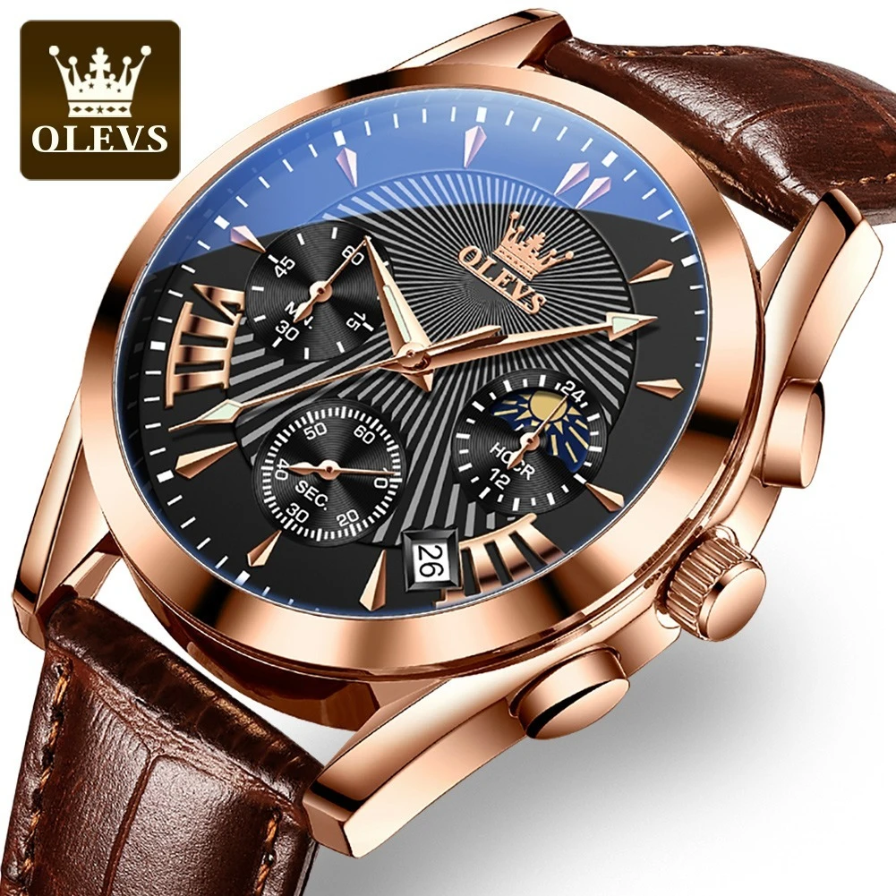 

OLEVS 2876 Quartz Sport Watch Gift Round-dial Genuine Leather Watchband Moon Phase Chronograph Calendar Luminous Small second