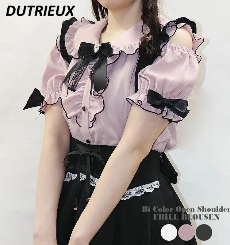 

SC Japanese Style Sweet and Cute Mine Doll Collar Base Shirt Off-the-Shoulder Mass-Produced Top Lolita Short Sleeve Blouse