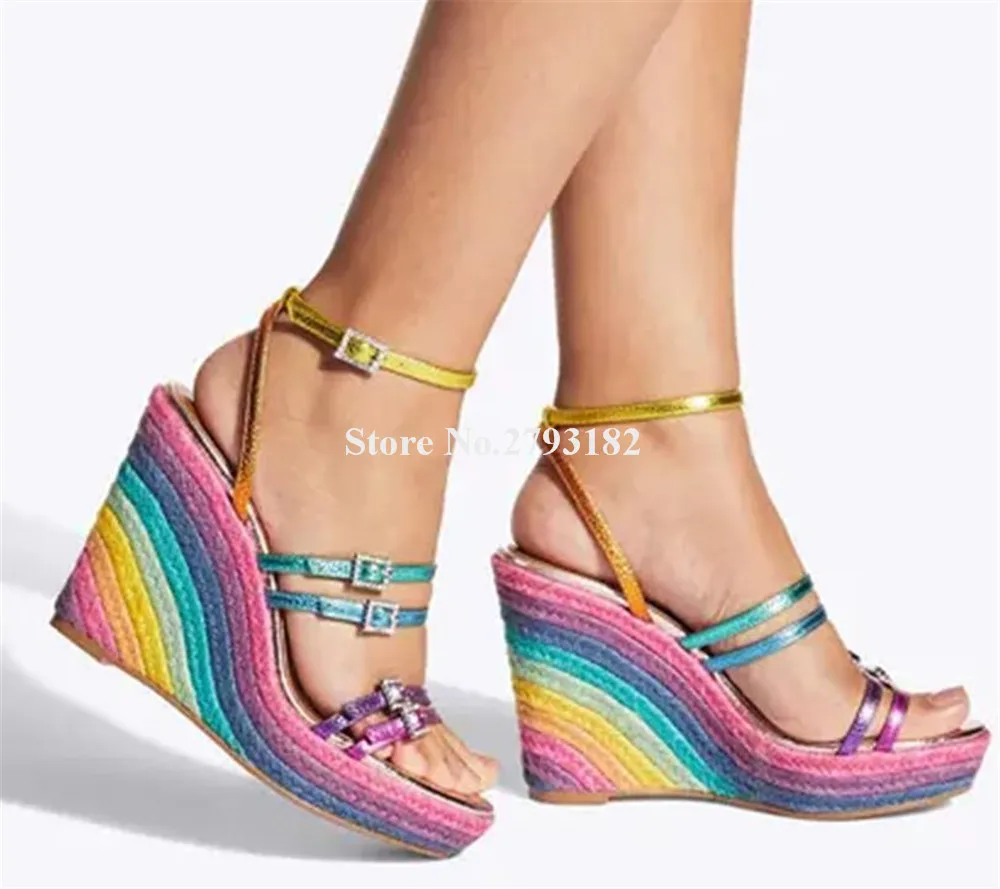 Newest Colorful Striped High Platform Straw Wedge Sandals Open Toe Thin Straps Rhinestones Buckles Wedges Party Heels 
Newest Colorful Striped High Platform Straw Wedge Sandals Open Toe Thin Straps Rhinestones Buckles Wedges Party Heels