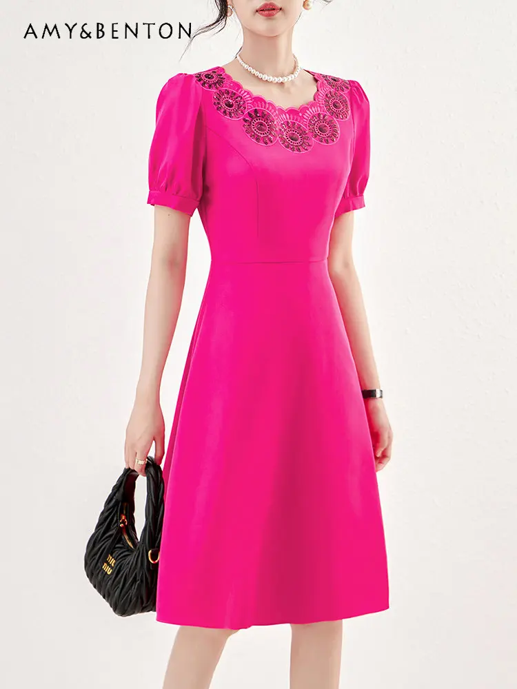 Summer Women's Clothing Ladies Fashion Elegant Embroidered Beads Sequined Short Sleeve Dress Waist-Tight Slimming A- Line Dress
Summer Women's Clothing Ladies Fashion Elegant Embroidered Beads Sequined Short Sleeve Dress Waist-Tight Slimming A- Line Dress