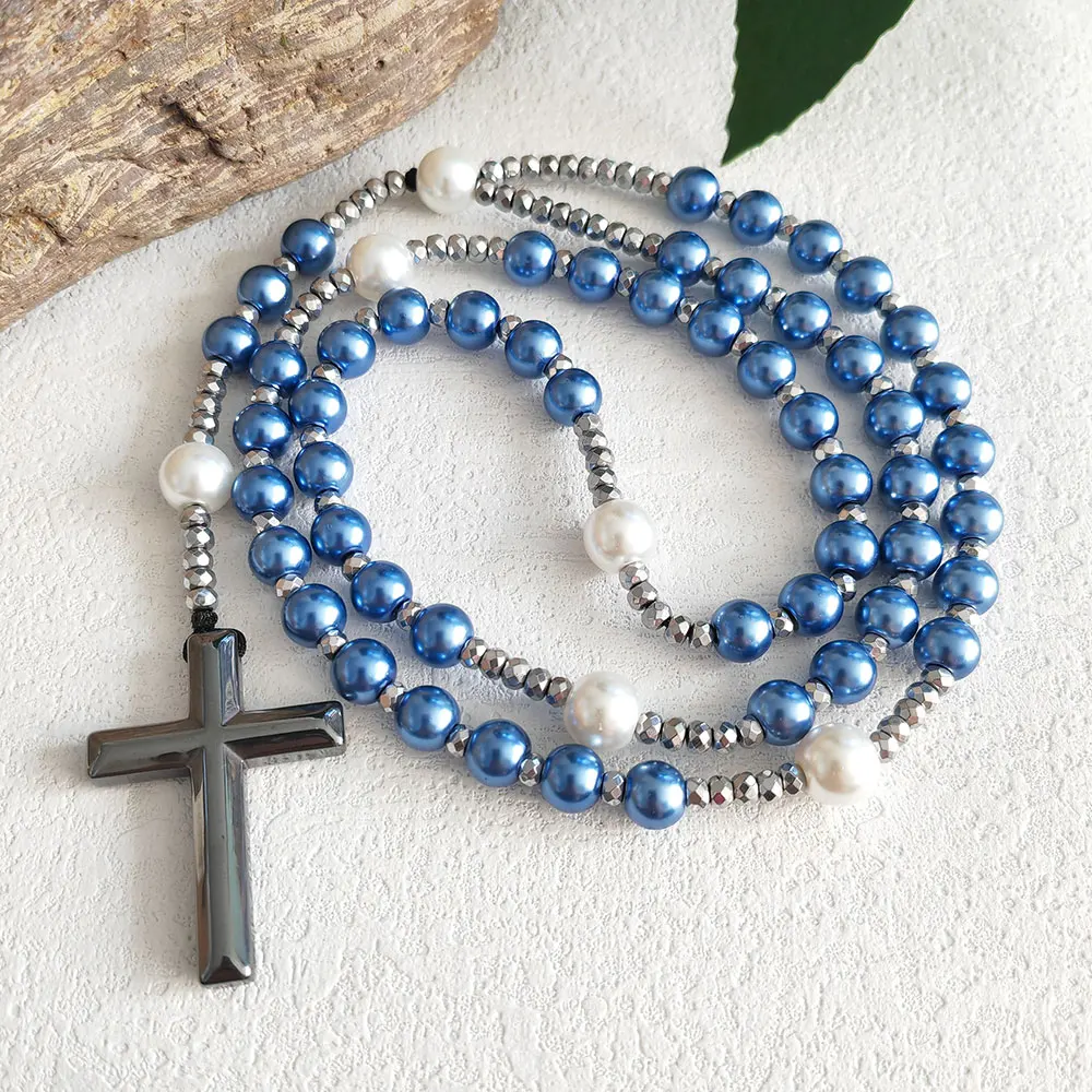 

8mm Imitation Pearl Christian Catholic Rosary Hematite Cross Pendant Necklace Men Women Religion Church Meditation Pray Chaplets