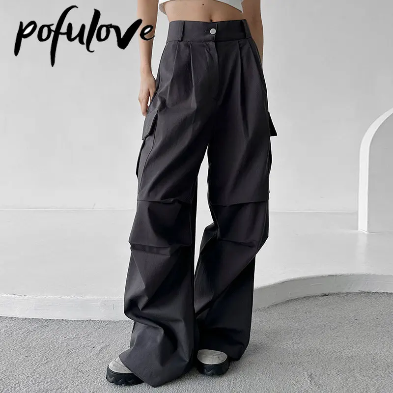 

Брюки-карго женские серые, уличная одежда, повседневные плиссированные брюки с большими карманами и широкими штанинами, тонкие свободные прямые штаны, Y2k, брюки с шваброй