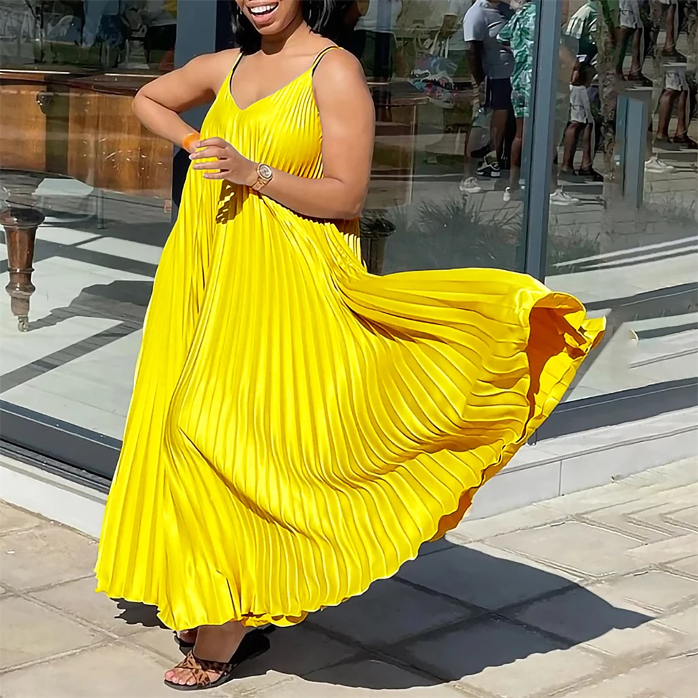 

Plus Size African Dresses for Women Summer Holiday Party Gown Pleated Sundress Strap Dress Africa Clothing Sleeveless Swing Robe
