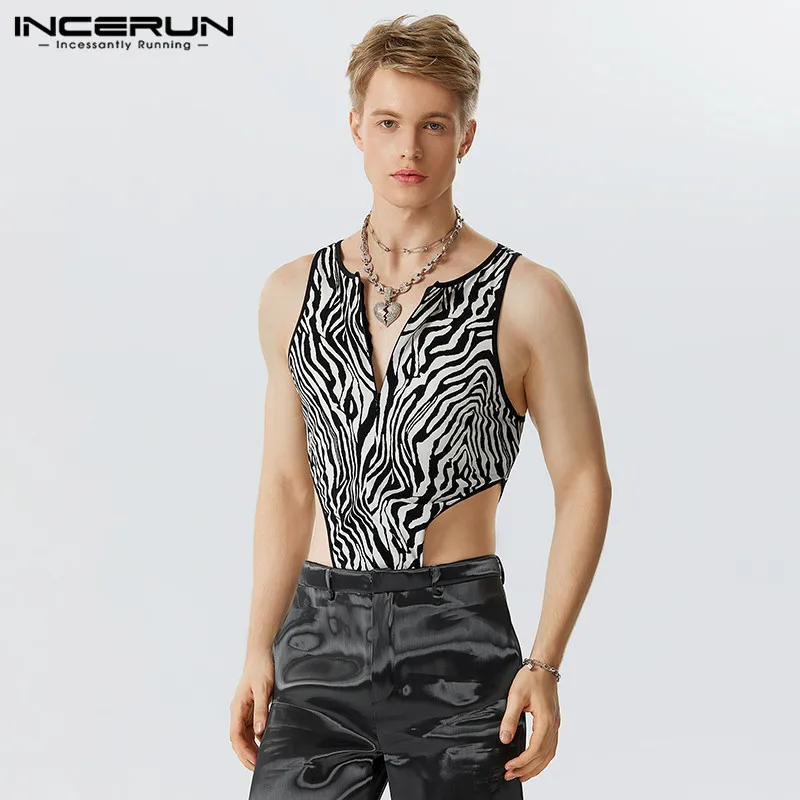 

INCERUN 2023 Sexy Homewear New Men's Zebra Printing Jumpsuit Casual Fashion Male High Fork Sleeveless Triangular Bodysuits S-5XL