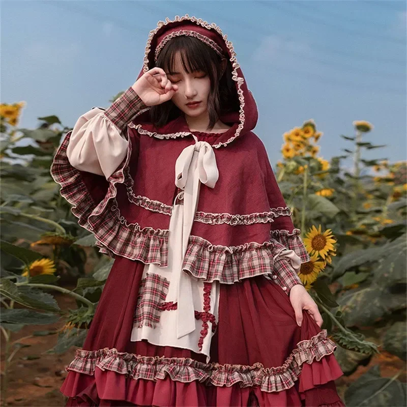 

2022 HOT Sweet Girl Lolita Women Dress Vintage Patchwork Red Dress with Cloak Cute Female Bing Cosplay Little Red Riding Hood