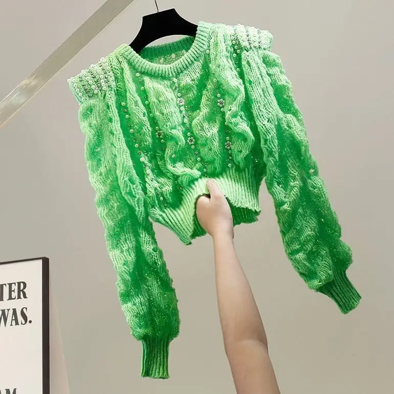 Beaded Decor Long Sleeve Top Women Spring Summer Pullover O-Neck Solid Color Loose Fashion Short Tops Blouse Sweater Q19
Beaded Decor Long Sleeve Top Women Spring Summer Pullover O-Neck Solid Color Loose Fashion Short Tops Blouse Sweater Q19