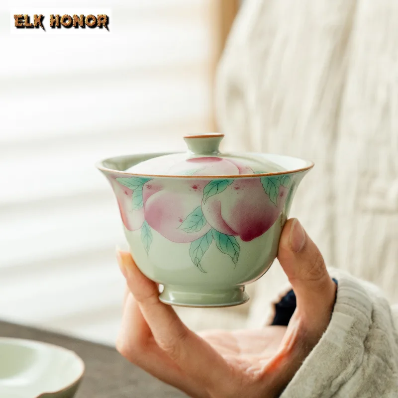 

Ретро Ru печной фарфор Gaiwan Zen окрашенная долговечность персиковая чашка блюдце Чайная Кружка Крышка Чаша чайное украшение