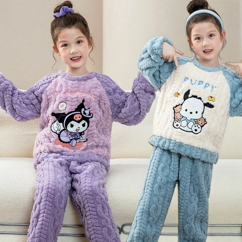 

Anime Sanrio Cinnamoroll Kuromi Children's Warm Pajamas Anime Pochacco Autumn Winter Cute Coral Velvet Comfortable Soft Homewear