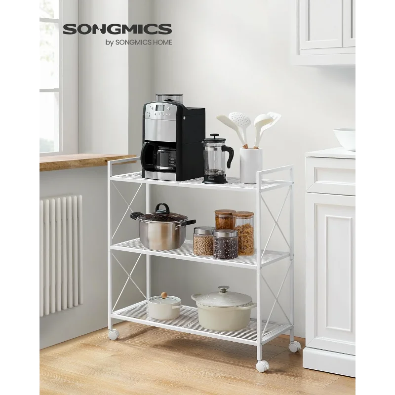 

SONGMICS 3-Tier Metal Storage Rack with Wheels, Mesh Shelving Unit with X Side Frames, 31.5-Inch Width, for Entryway, Kitchen