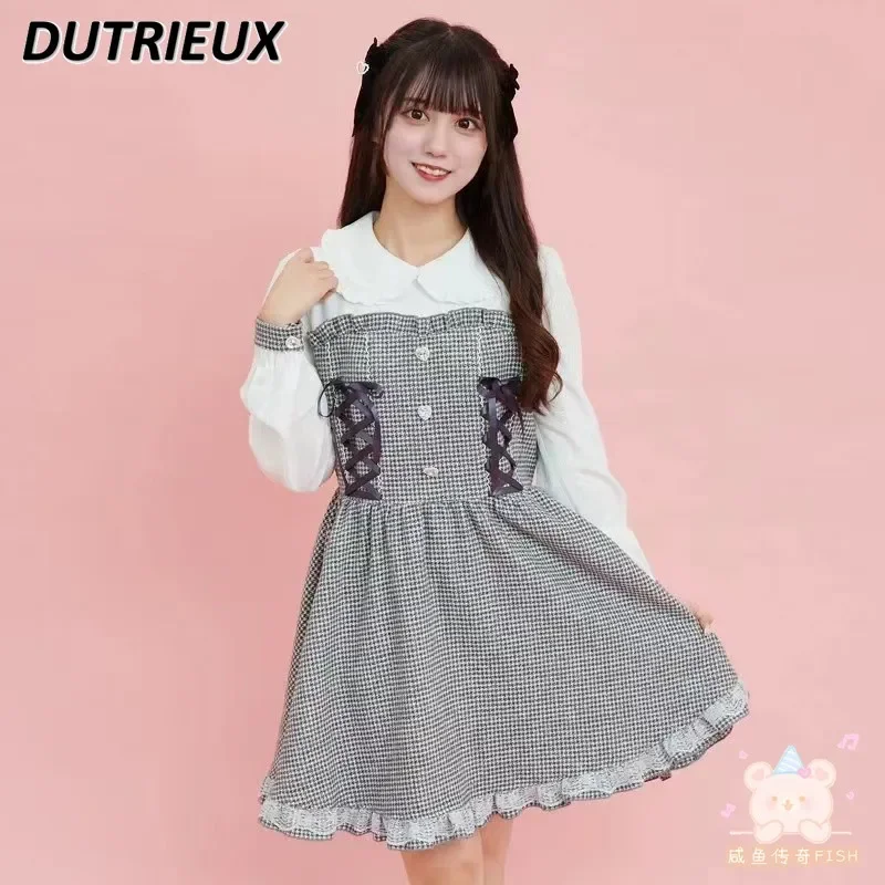 

SC Lolita Sweet Autumn and Winter New Long Sleeve Dresses Detachable Fur Collar Strap Houndstooth Mine Mass-Produced Dress