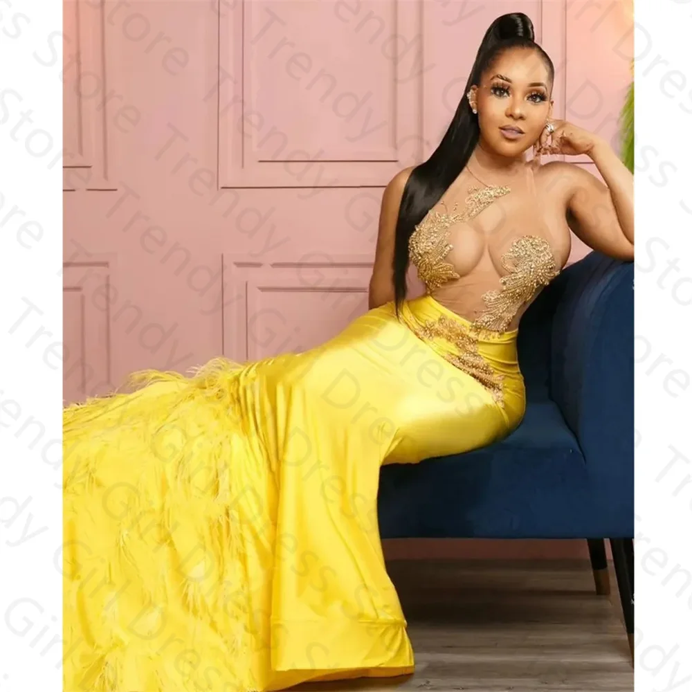 

Sexy Appliques Beaded Africa Evening Dresses See Thru Feathers Satin Formal Party Gowns Mermaid Prom Dress فساتين سهره سعوديه