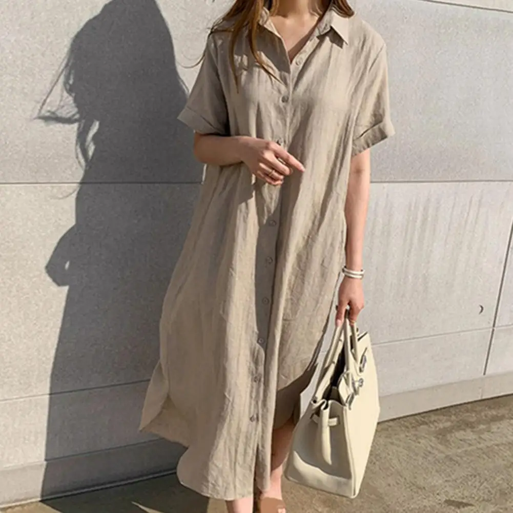 

Women Summer Dress Solid Color Lapel Single-breasted Short Sleeves Tight Waist Lace Up Mid-calf Length Lady Summer Midi Dress