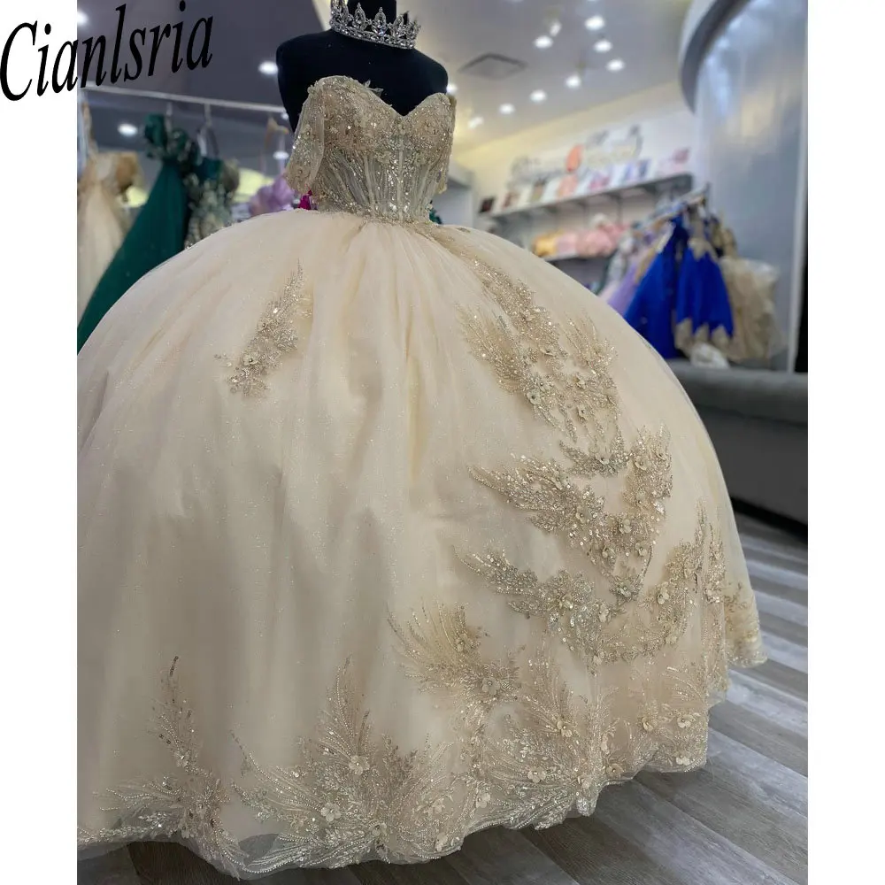 

Champagne Illusion Sequined Appliques Lace Ball Gown Quinceanera Dresses Off The Shoulder Beading Crystal Sweet 15 Birthday