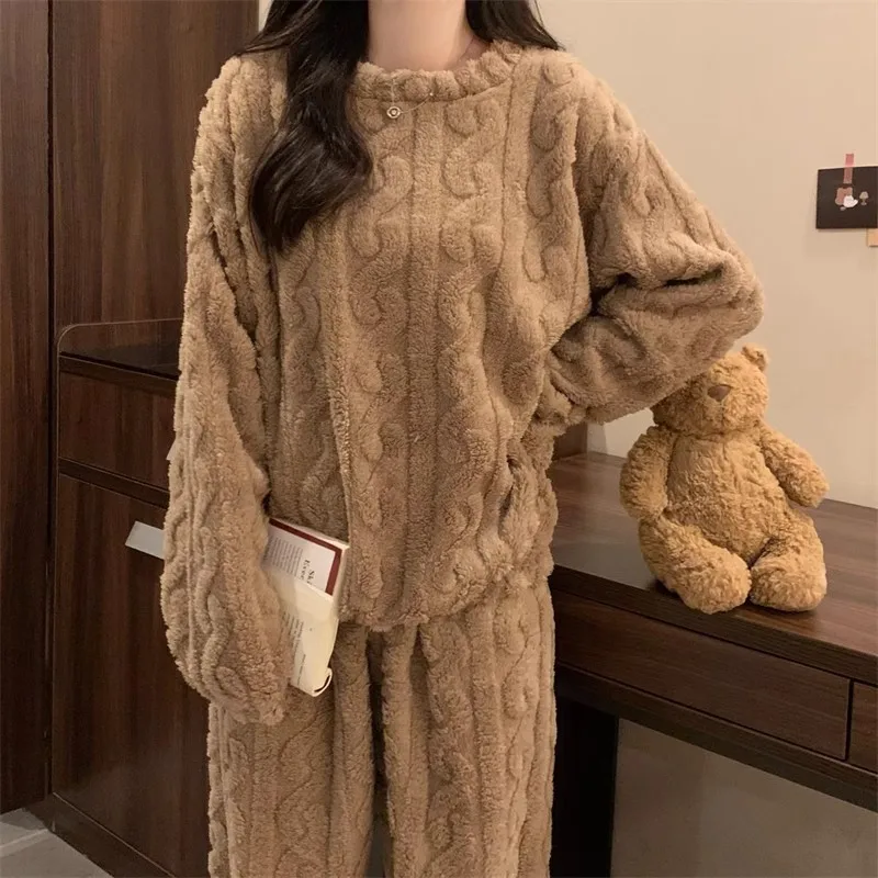 Thickened Warm Sleepwear for Winter Women Flannel Suit Student Pajamas Homewear Tops and Pants Striped Nightwear Loungewear Thickened Warm Sleepwear for Winter Women Flannel Suit Student Pajamas Homewear Tops and Pants Striped Nightwear Loungewear