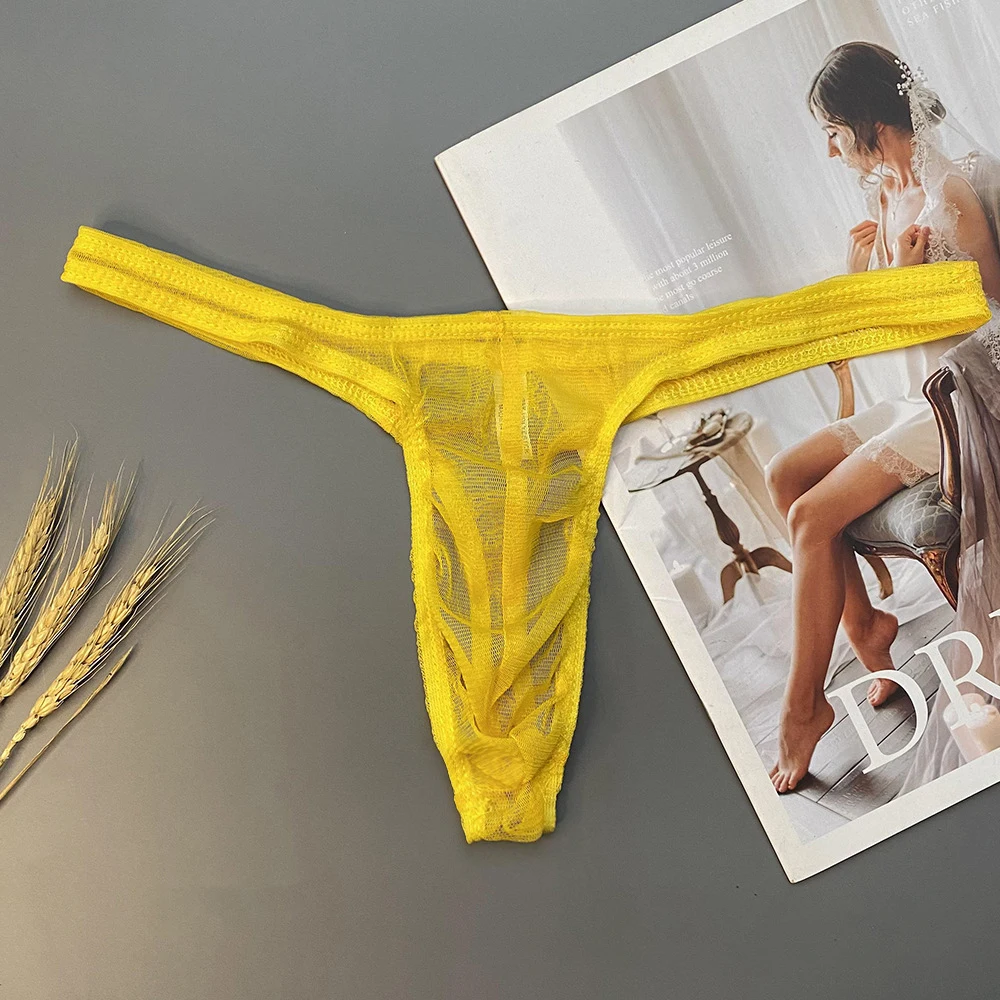Men Sexy Thongs G String Mesh Transparent Lingerie Enhance T Back