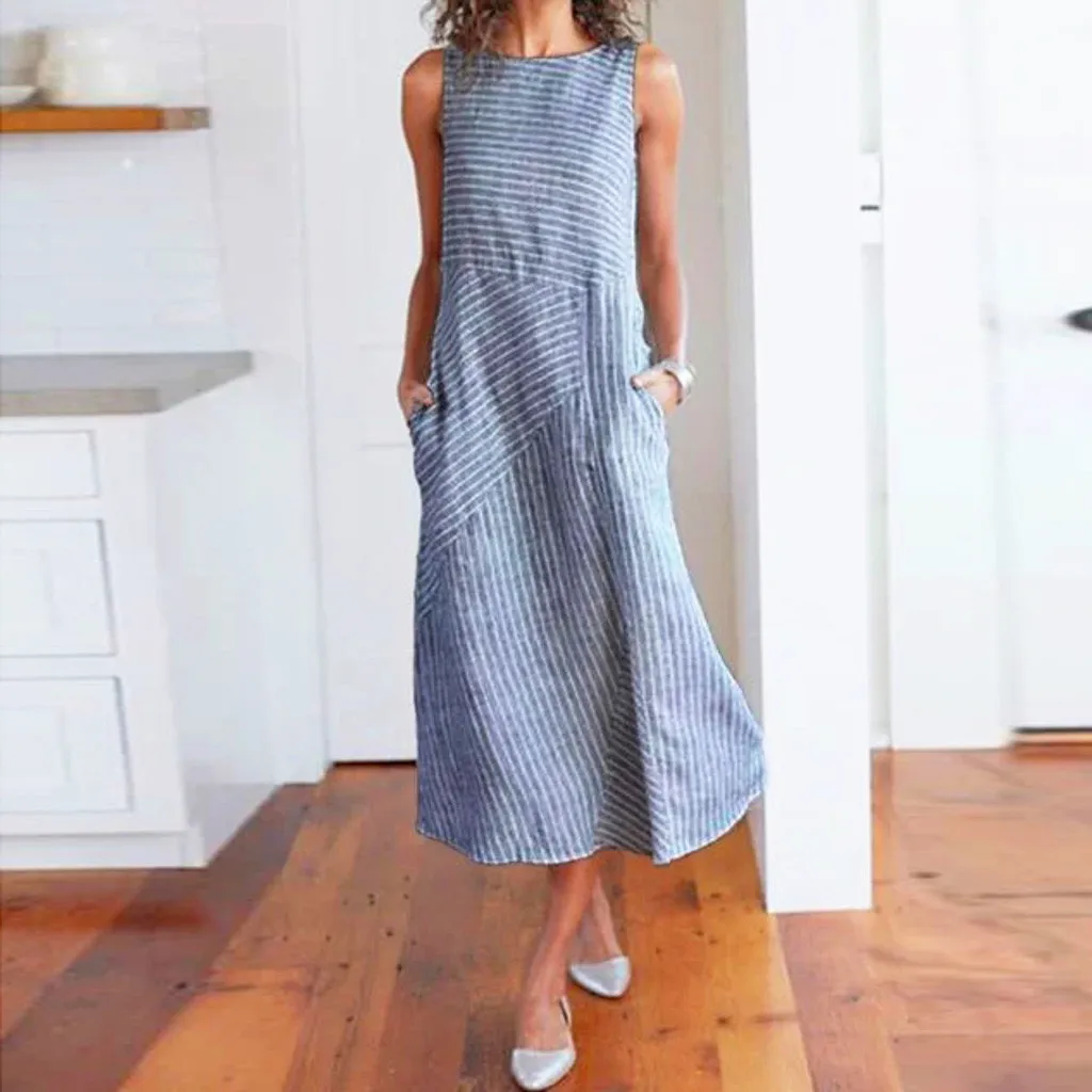 Summer Ladies Striped Print Sleeveless Long Dresses Fashion Women Neck Linen Pocket Mid-Calf Round Neck Casual Daily Wear Dress
Summer Ladies Striped Print Sleeveless Long Dresses Fashion Women Neck Linen Pocket Mid-Calf Round Neck Casual Daily Wear Dress