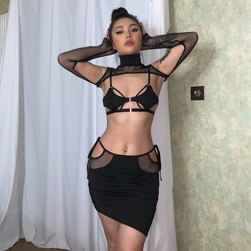 Zabrina Black Two Piece Outfits For Women Solid Sexy Strapless Hollow Out Crop Top Long Sleeve And Mesh Sheer Short Skirt Set
Zabrina Black Two Piece Outfits For Women Solid Sexy Strapless Hollow Out Crop Top Long Sleeve And Mesh Sheer Short Skirt Set