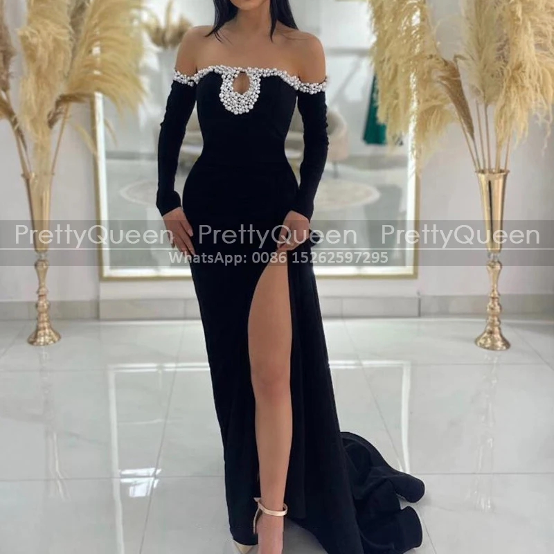 Heavily Beaded Off Shoulder Prom Dresses With Long Sleeves High Split Sheath Keyhole Neck Black Party Evening Dress Formal Gown
Heavily Beaded Off Shoulder Prom Dresses With Long Sleeves High Split Sheath Keyhole Neck Black Party Evening Dress Formal Gown