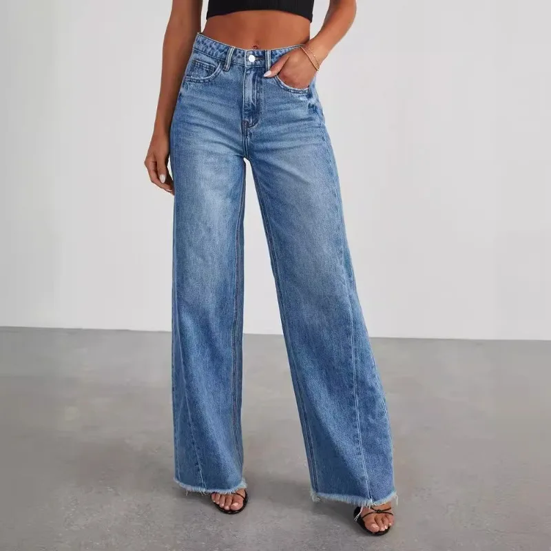 

2024 Spring Summer New Women's Clothing Solid Color Loose Wide Leg Side Seam Stitching Frayed Hem Jeans Denim Pants
