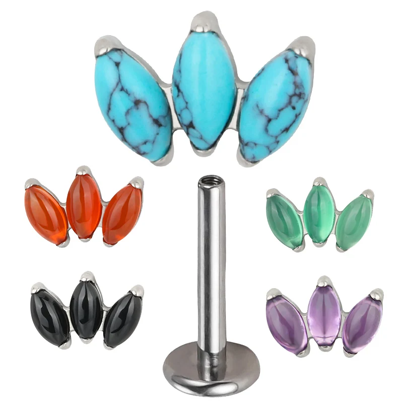 

G23 Titanium EAR PIERC 3 Marquise Natural Stone Paved Top Threaded Labret Studs Tragus Pircing Earrings Lip Studs Body Jewelry