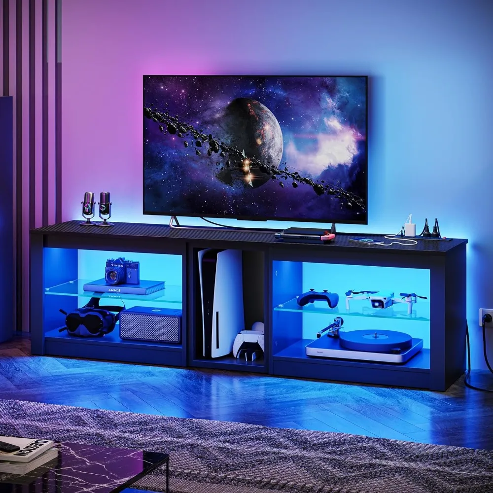 

70-дюймовый телевизор со розетками питания, Женский развлекательный центр для PS5, игровые ТВ-консоли со стеклянными полками для гостиной