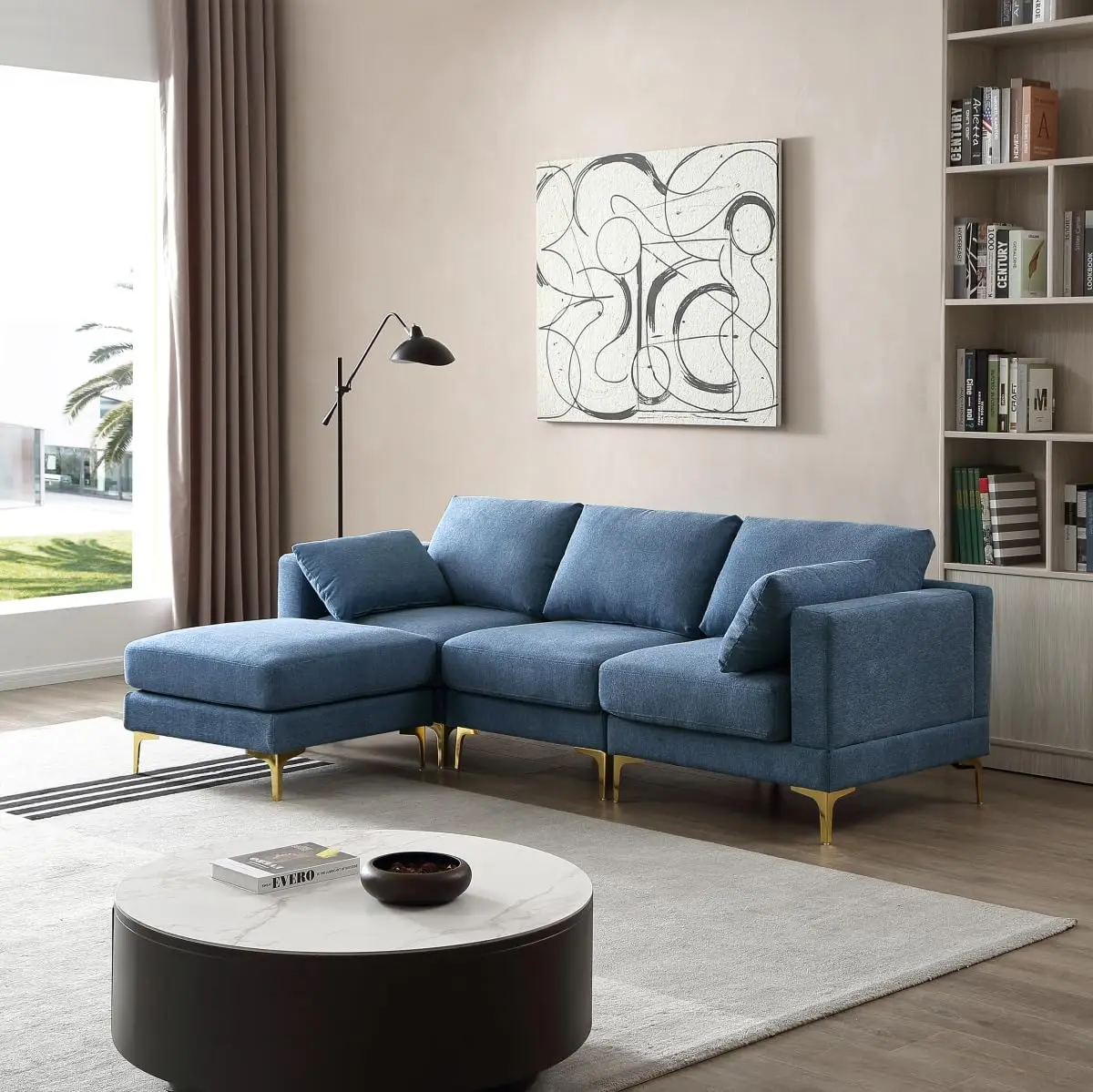 

Blue Color 3-Piece Modular Sofa with Footrest,Sectional Couch Convertible to 3-Seater or Armchair,Golden Legs and 2 Pillows New