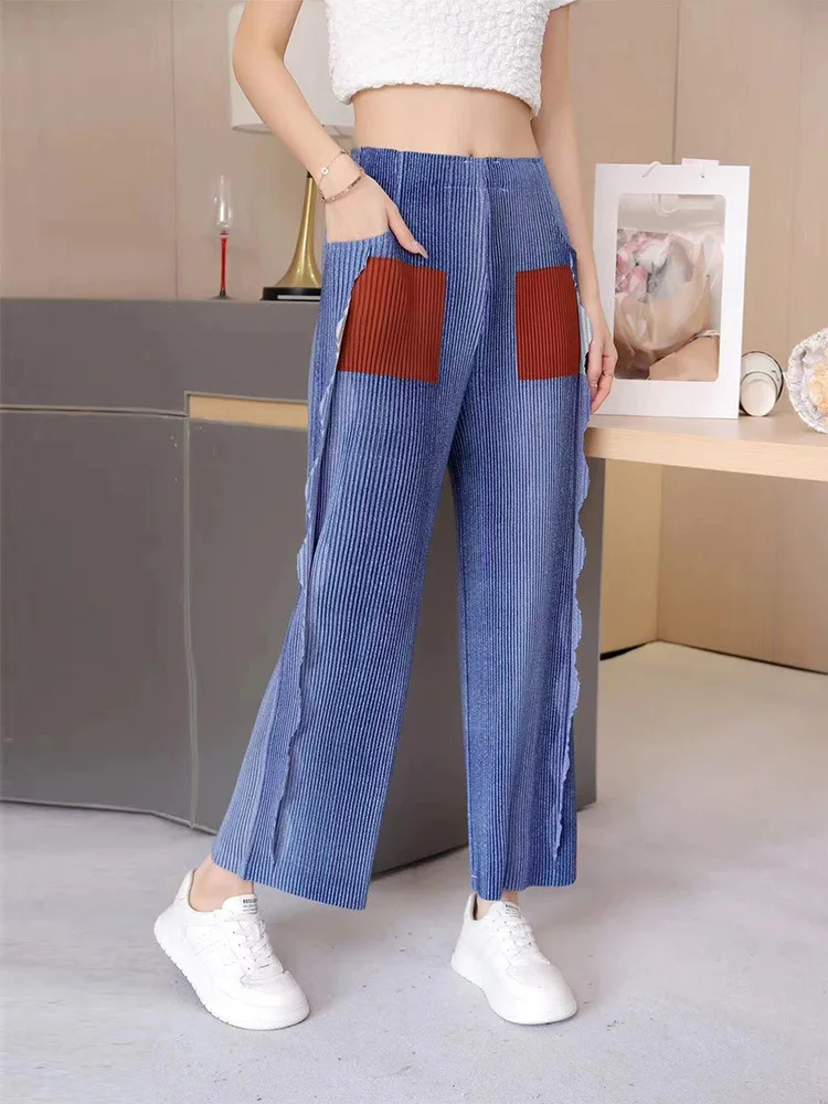 

Miyake Pleated Casual Pants for Women 2024 Spring New Fashion Versatile Gradient Color Printed Ruffled Drape Nine-point Pants