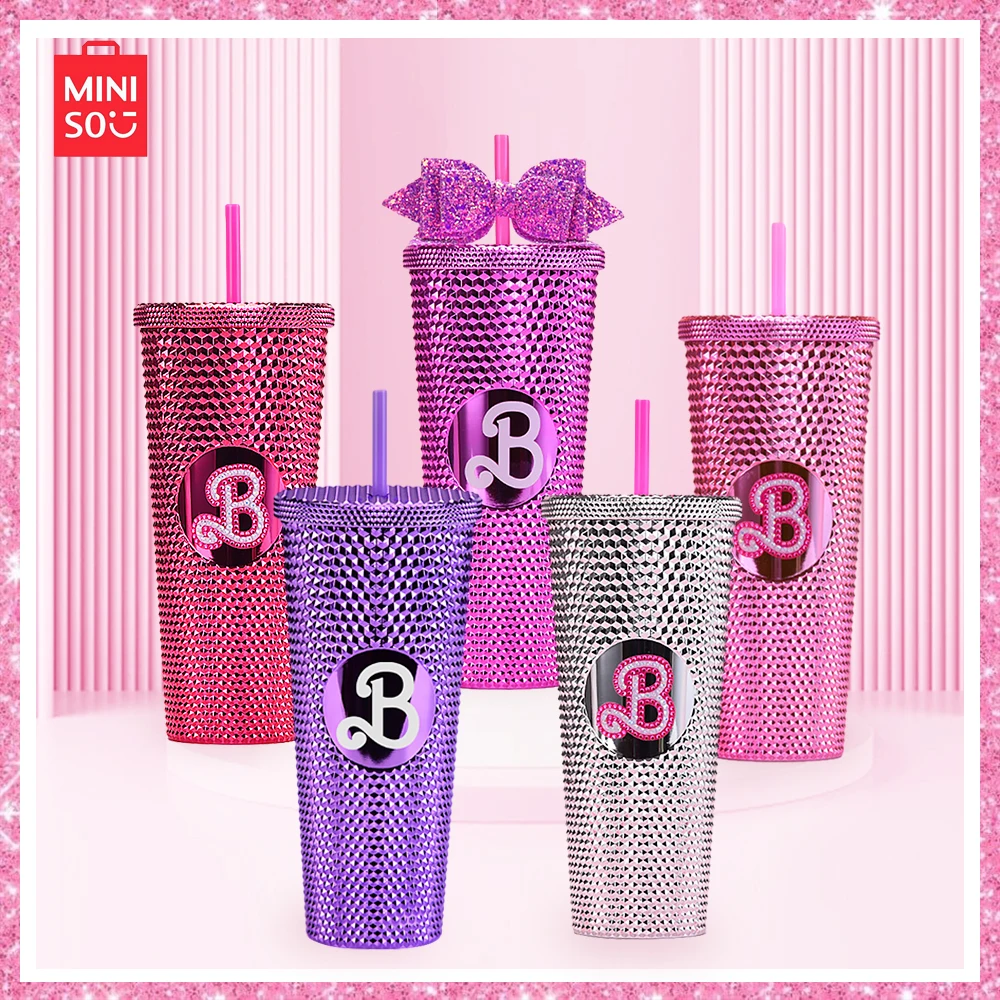 

Miniso Barbie Pink Double Layer Electroplated Plastic 710Ml Large Capacity Portable Tie Hands Durian Straw Cup Christmas Gift