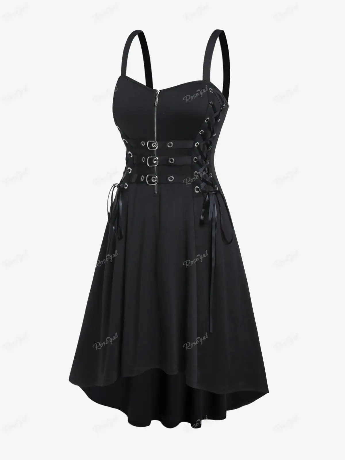 

ROSEGAL Plus Size Gothic Buckled Lace Up Midi Dress High Waist Sweetheart Neck Asymmetrical Half Zip Sleeveless Party Punk Dress