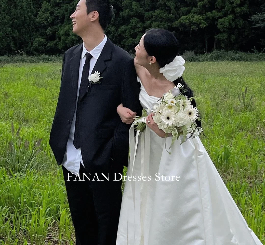 

FANAN Off-Shoulder Korea Ivory A-Line Simple Wedding Dresses 웨딩드레스 Satin Short Sleeves Custom Made Pretty Bride Gowns Plus Size