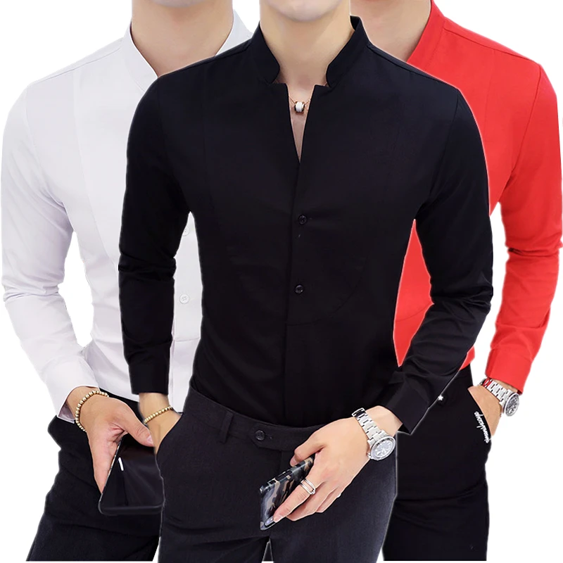 

Black Single Breasted Stand Collar Shirt Men's Fashion Slim Fit Shirts for Men Wedding/Party Top Camisa Red White